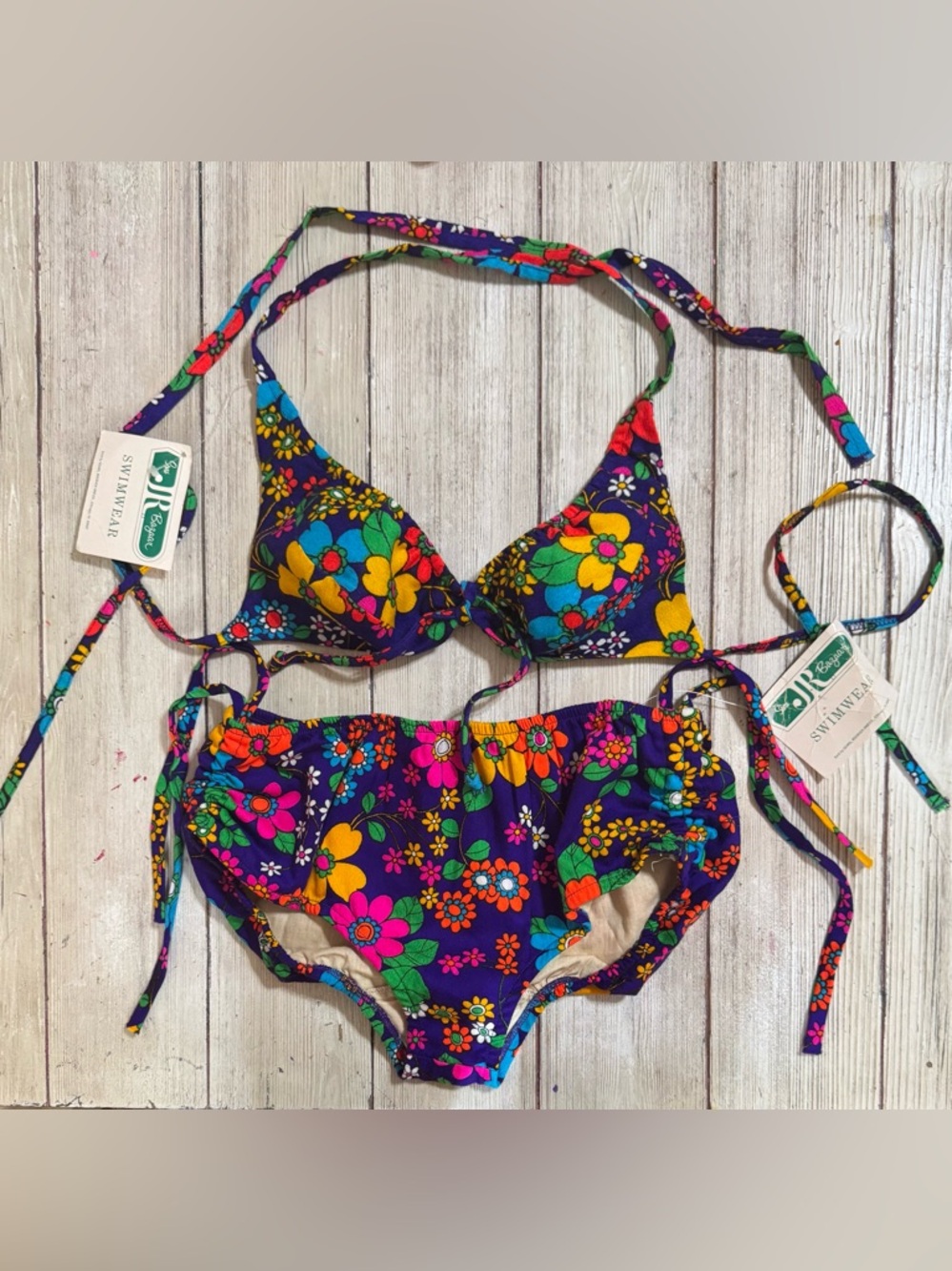 NWT 1960s Vintage Barkcloth Flower Power bikini swimsuit S/M Sears JR Bazaar